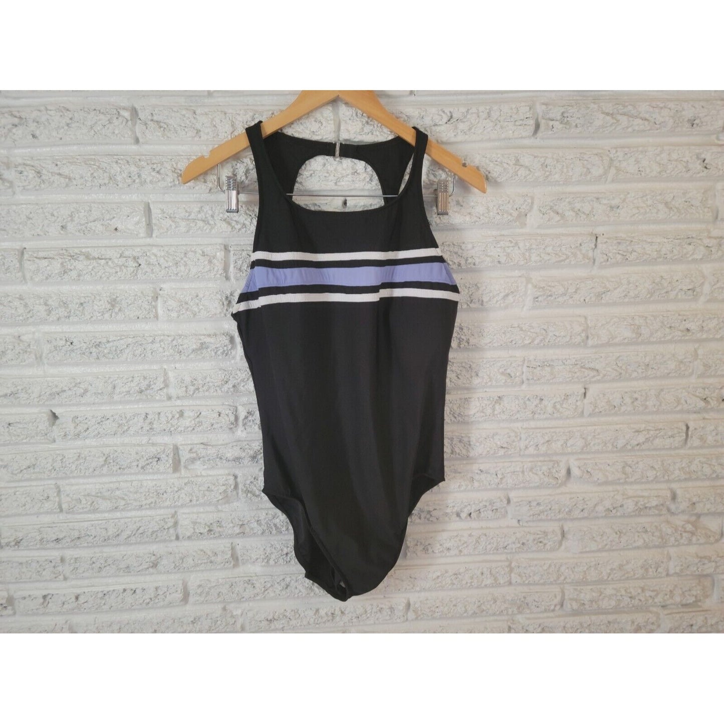 Trimshaper Womens Swimsuit 16 One Piece Black Stripe Open Back USA Built in Bra