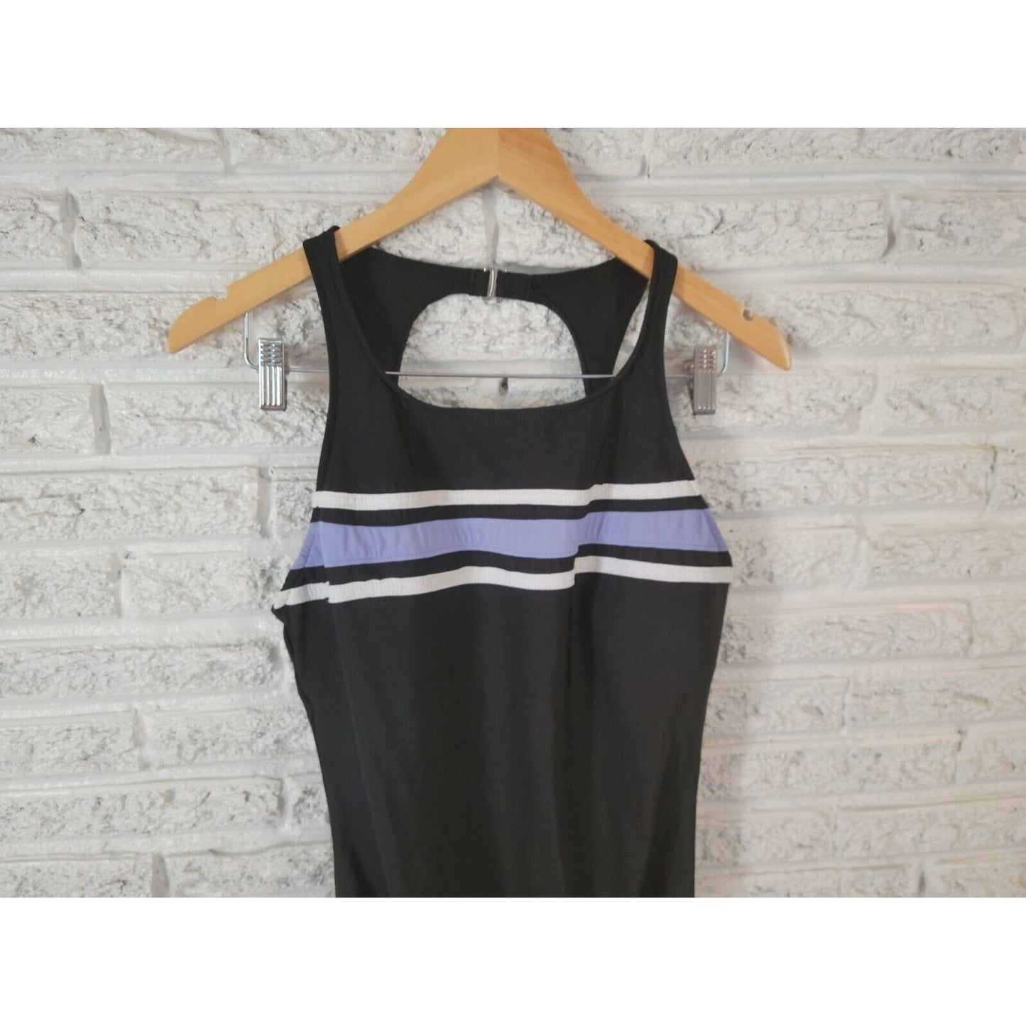 Trimshaper Womens Swimsuit 16 One Piece Black Stripe Open Back USA Built in Bra