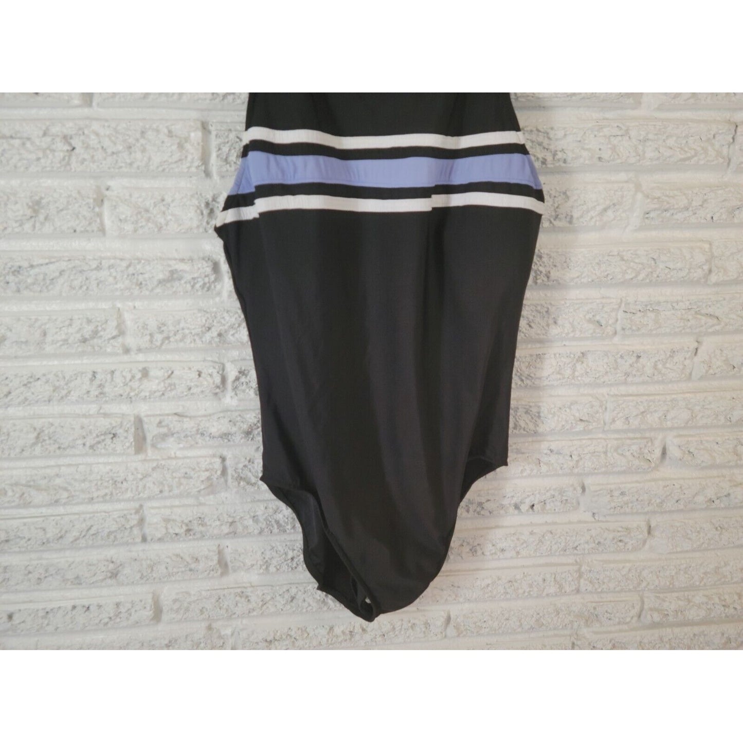 Trimshaper Womens Swimsuit 16 One Piece Black Stripe Open Back USA Built in Bra