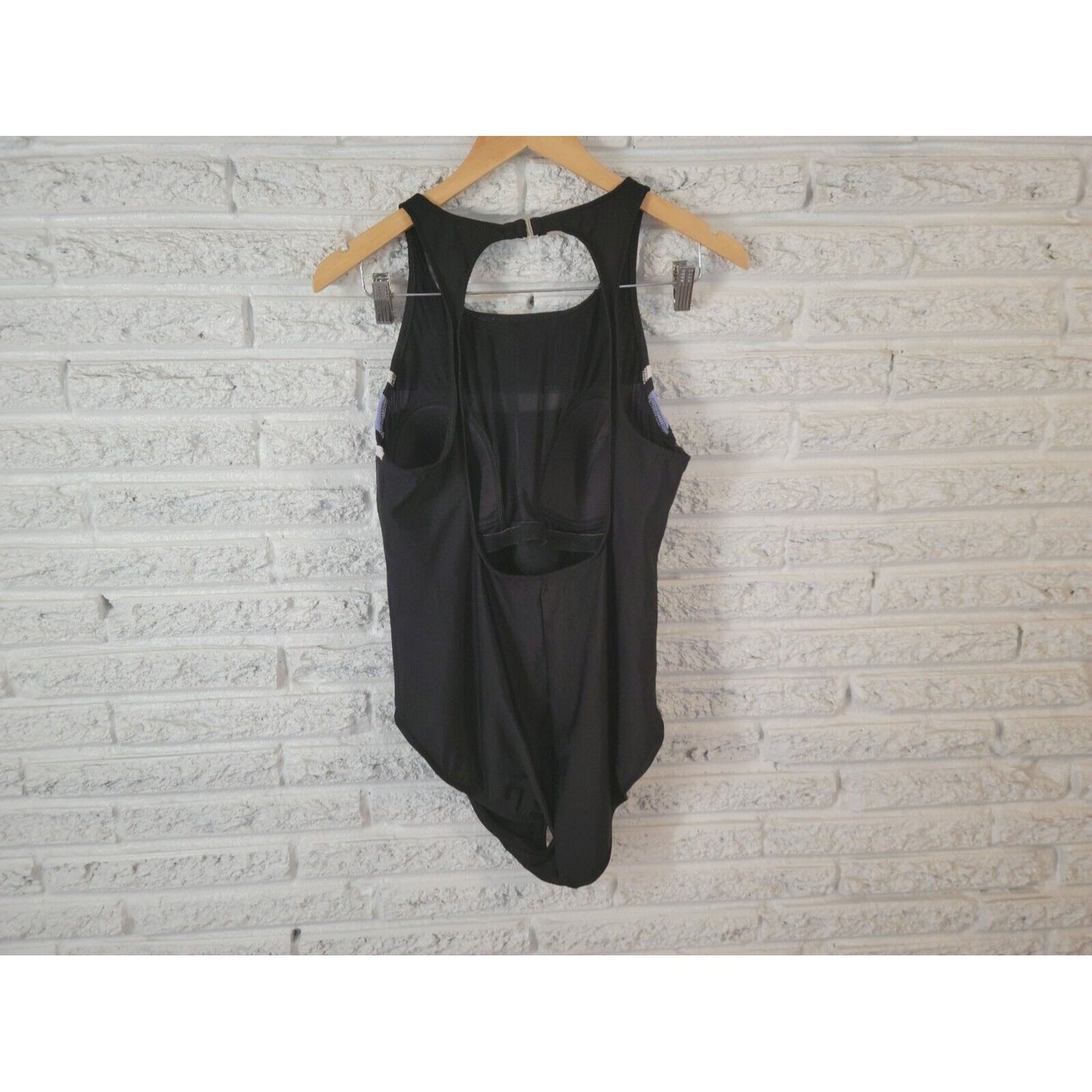 Trimshaper Womens Swimsuit 16 One Piece Black Stripe Open Back USA Built in Bra