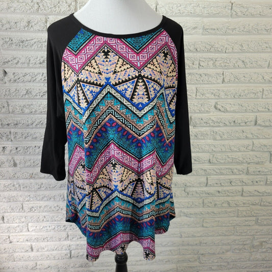Bobbie Brooks Womens Top 2X Plus Tunic Raglan Sleeve Poly Blend Purple Geometric