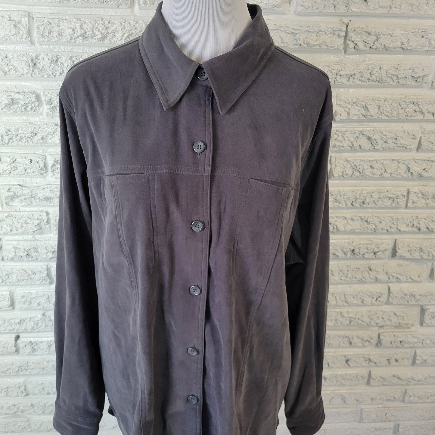 Fashion Bug Womens Top 18 20 Plus Shacket Gray Velour Pockets Poly Blend Collar