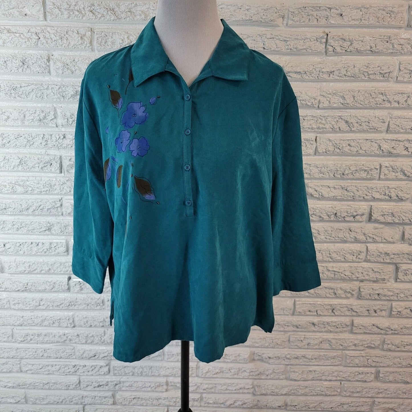 Erin London Womens Top XLP 3/4 Sleeve Green Floral Beaded Collar Lightweight