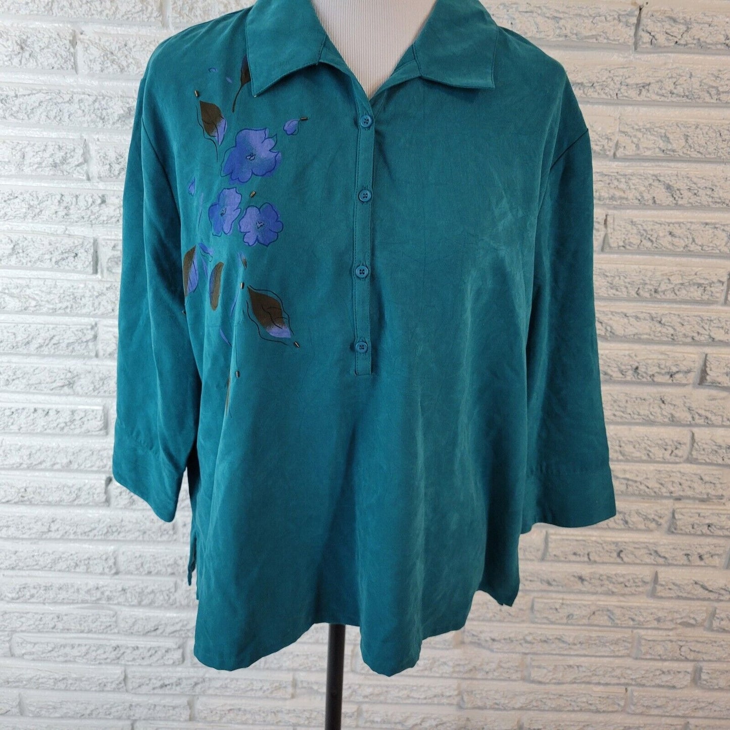 Erin London Womens Top XLP 3/4 Sleeve Green Floral Beaded Collar Lightweight