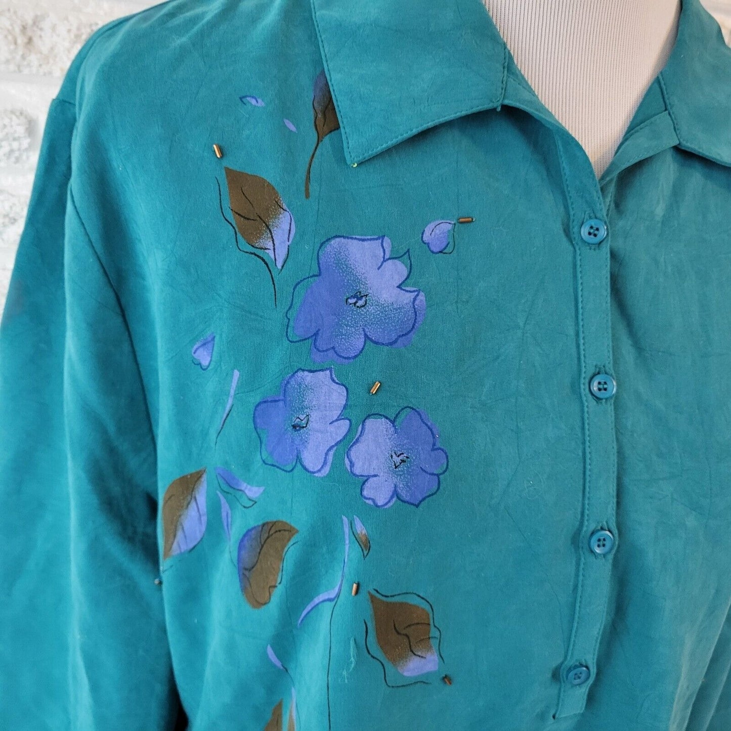 Erin London Womens Top XLP 3/4 Sleeve Green Floral Beaded Collar Lightweight