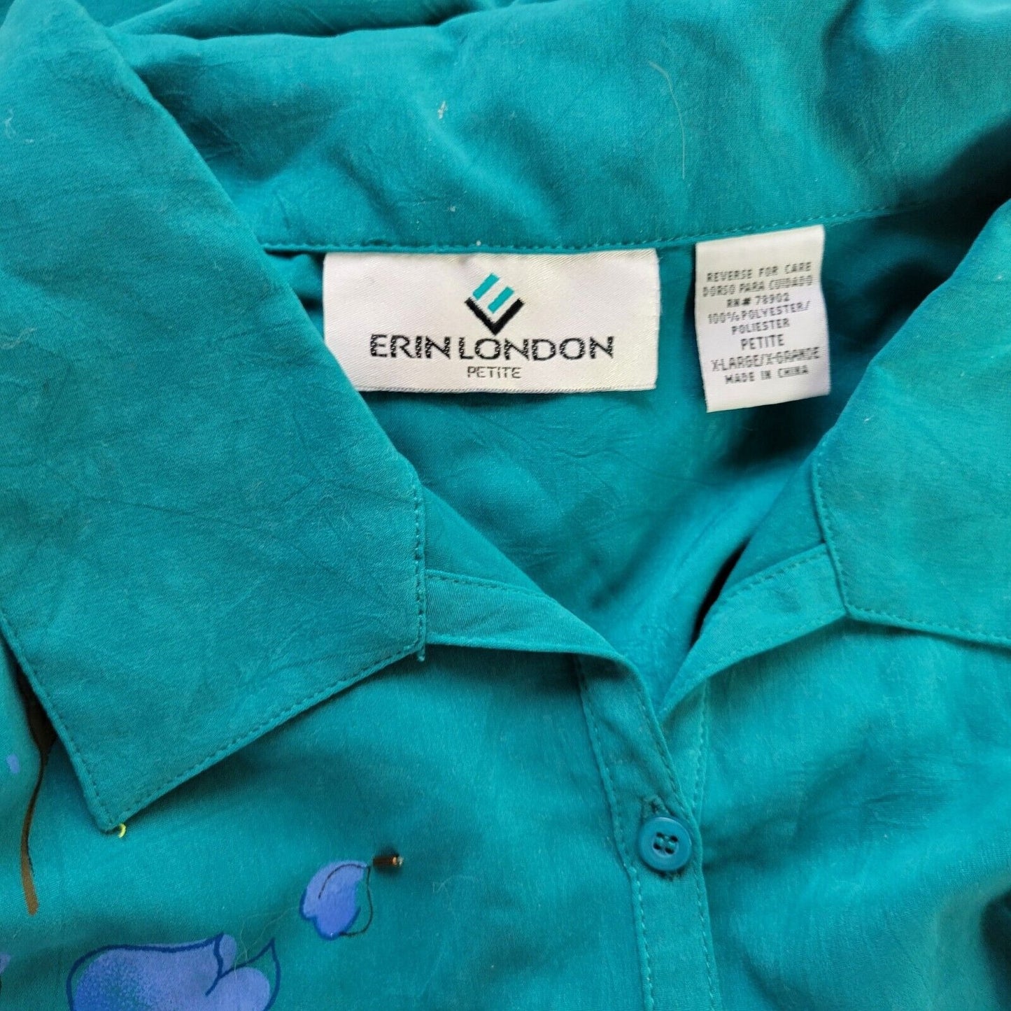 Erin London Womens Top XLP 3/4 Sleeve Green Floral Beaded Collar Lightweight