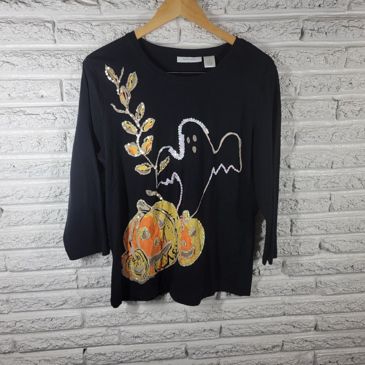 Halloween Tantrums Women Top XL Tee 3/4 Sleeve Black Jackolantern Sequins Cotton