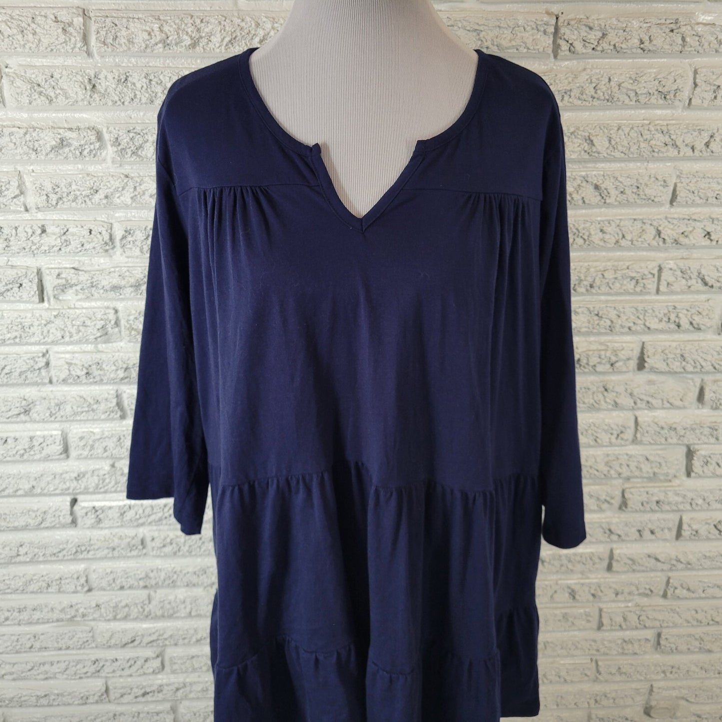Woman Within Womens Top 2X Plus Tunic Baby Doll 3/4 Sleeve Blue Ruffle