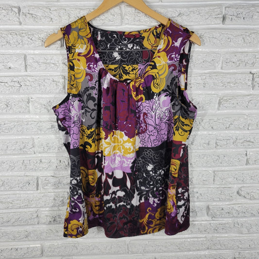 212 Collection Womens Top XL Tank Purple Gold Floral Pleated Neck Poly Blend