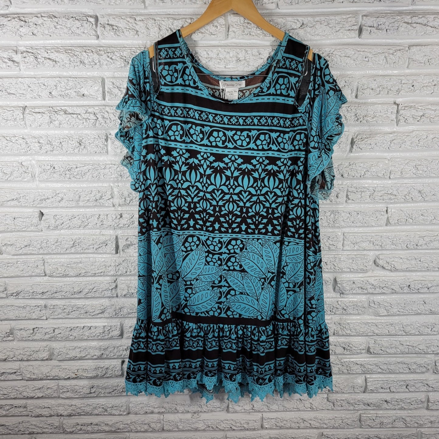 Paisley Vine Womens Dress 2XL Plus Flutter Sleeve Blue Geometric Cold Shoulder