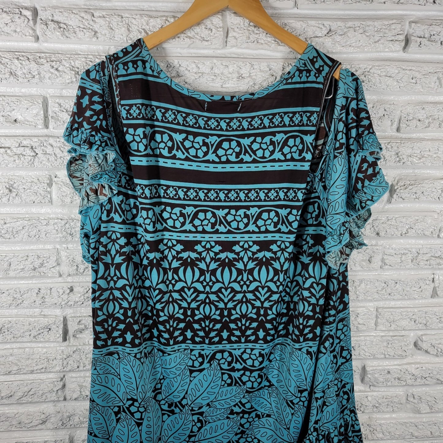 Paisley Vine Womens Dress 2XL Plus Flutter Sleeve Blue Geometric Cold Shoulder
