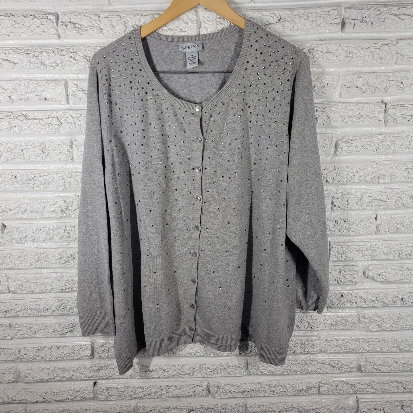 Catherines Womens Sweater 3X Plus Cardigan Gray Rhinestones Casual Comfy Cotton