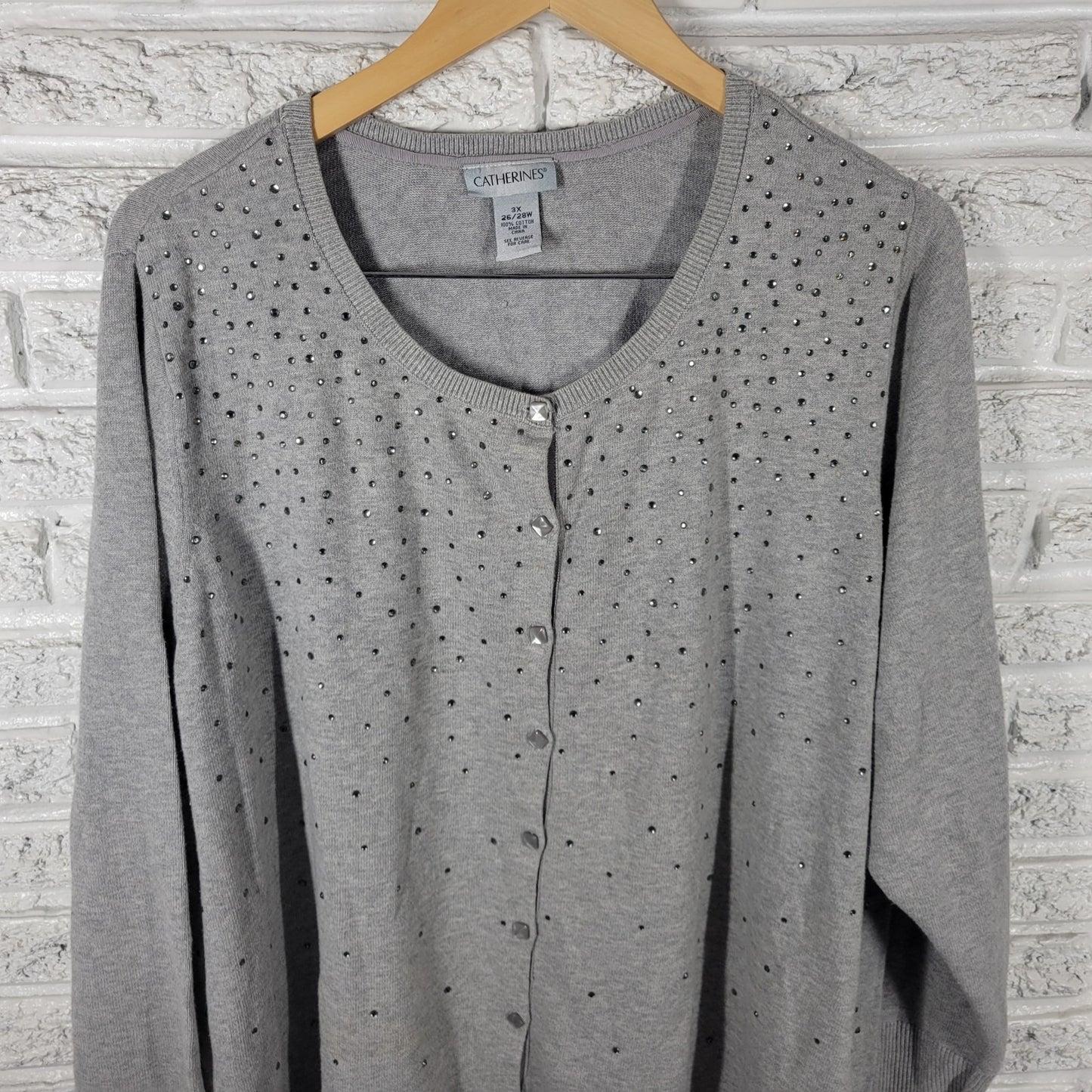 Catherines Womens Sweater 3X Plus Cardigan Gray Rhinestones Casual Comfy Cotton