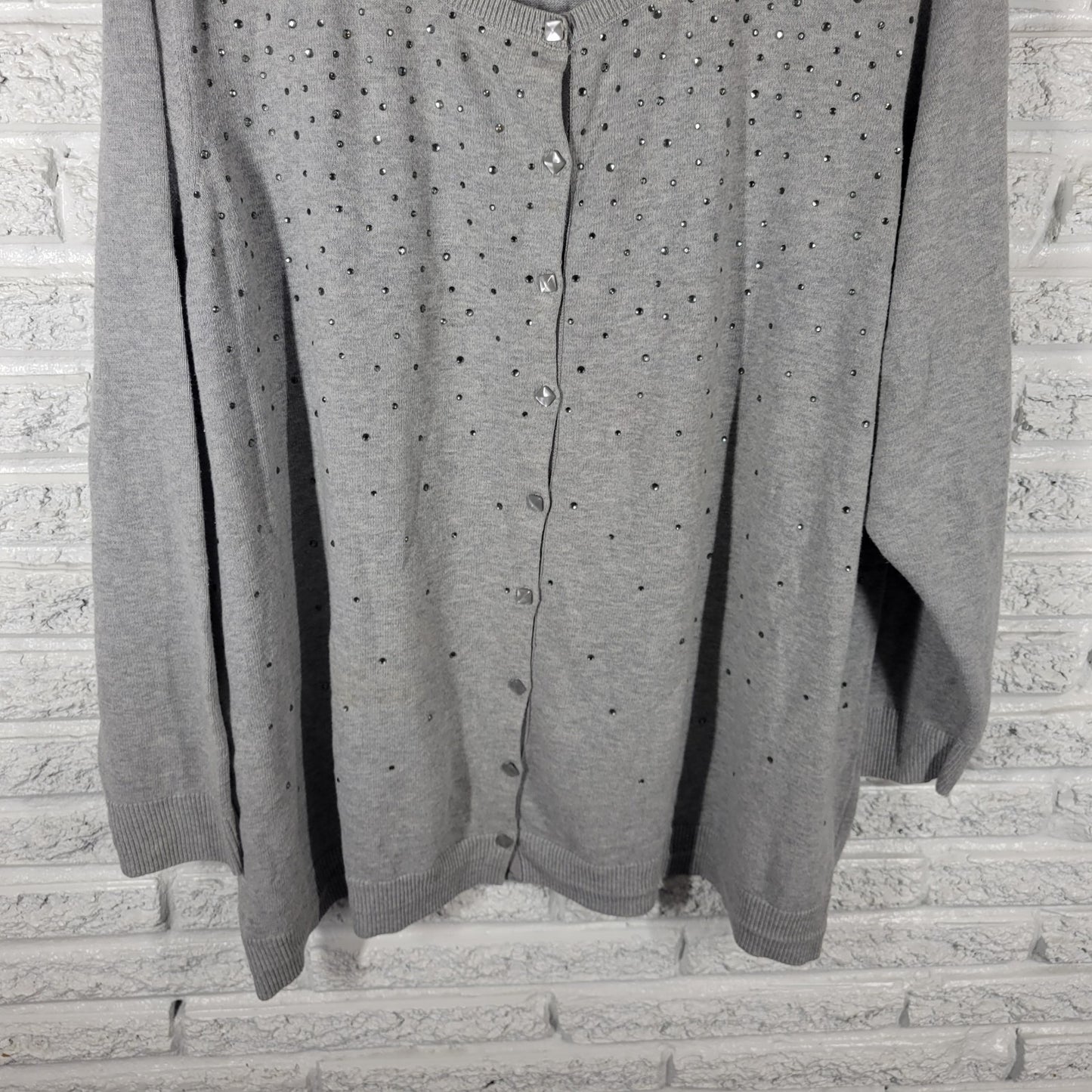 Catherines Womens Sweater 3X Plus Cardigan Gray Rhinestones Casual Comfy Cotton