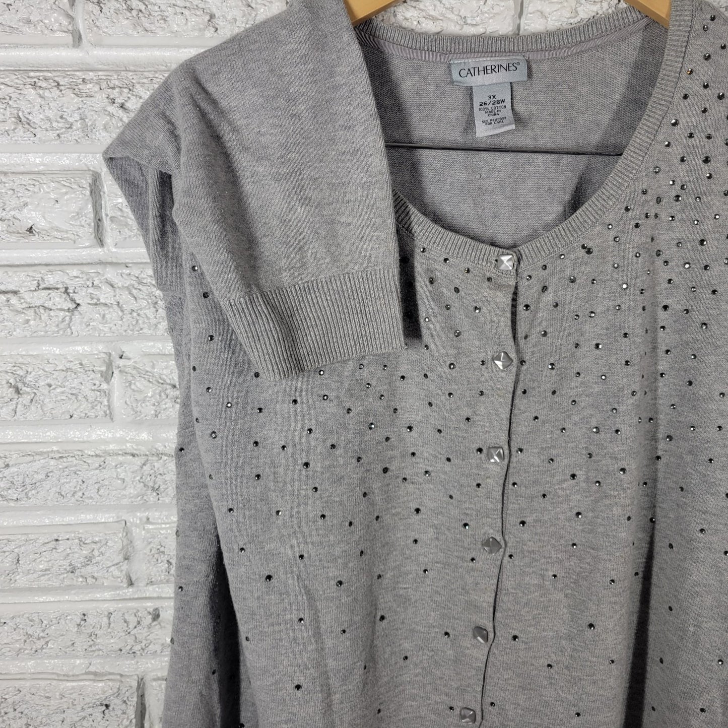Catherines Womens Sweater 3X Plus Cardigan Gray Rhinestones Casual Comfy Cotton