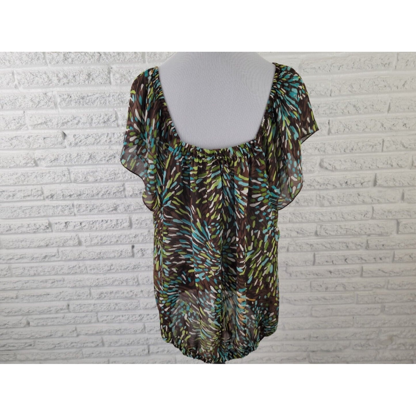 Ashley Stewart Women Top 20W Plus Short Sleeve On Off Shoulder Blue Watercolor