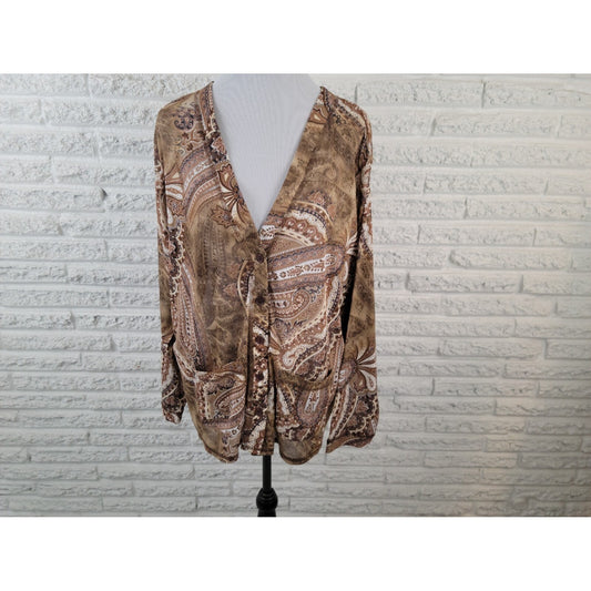 Susan Graver Womens Shirt 2X Plus Overlay Sheer Button Up Brown Paisley Career