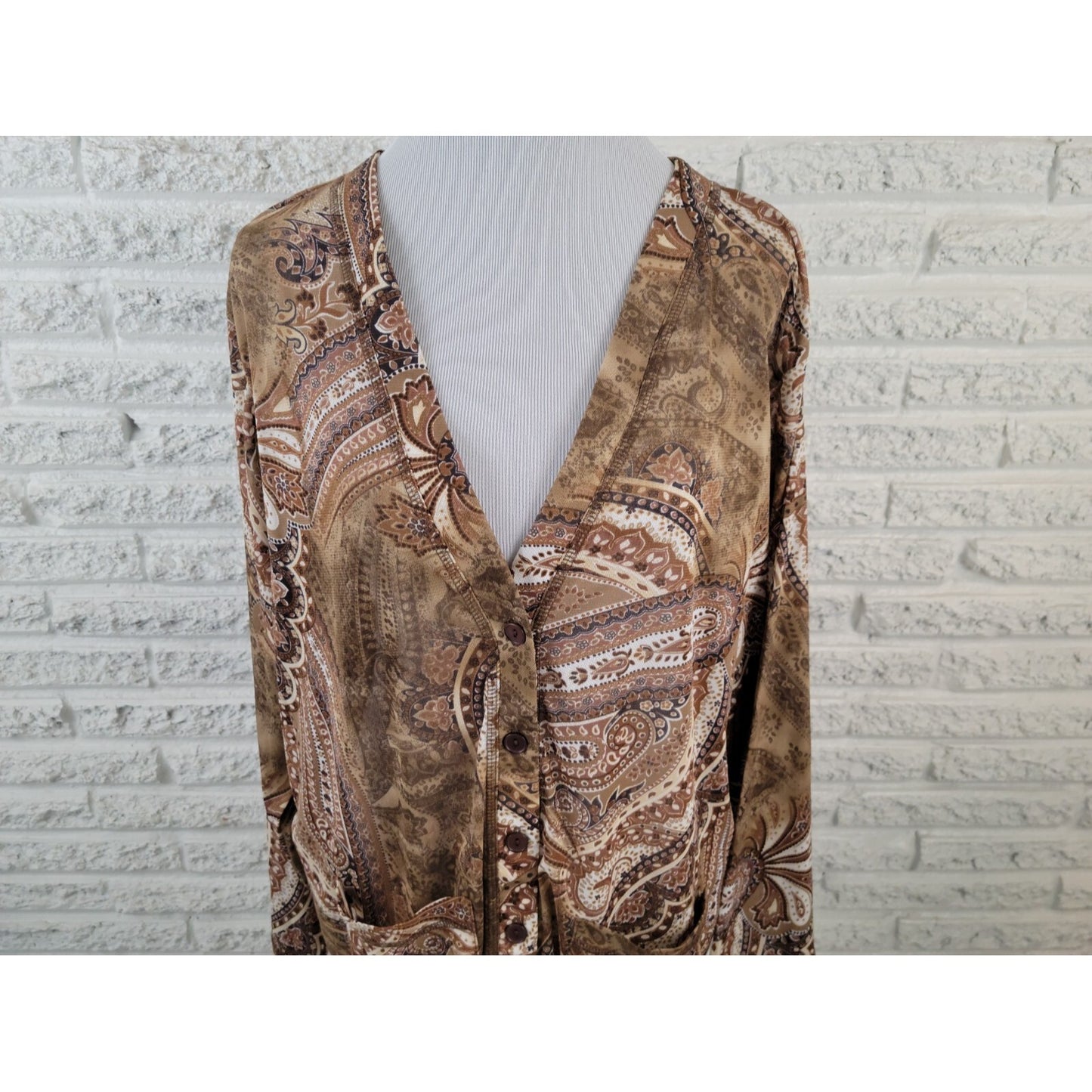 Susan Graver Womens Shirt 2X Plus Overlay Sheer Button Up Brown Paisley Career