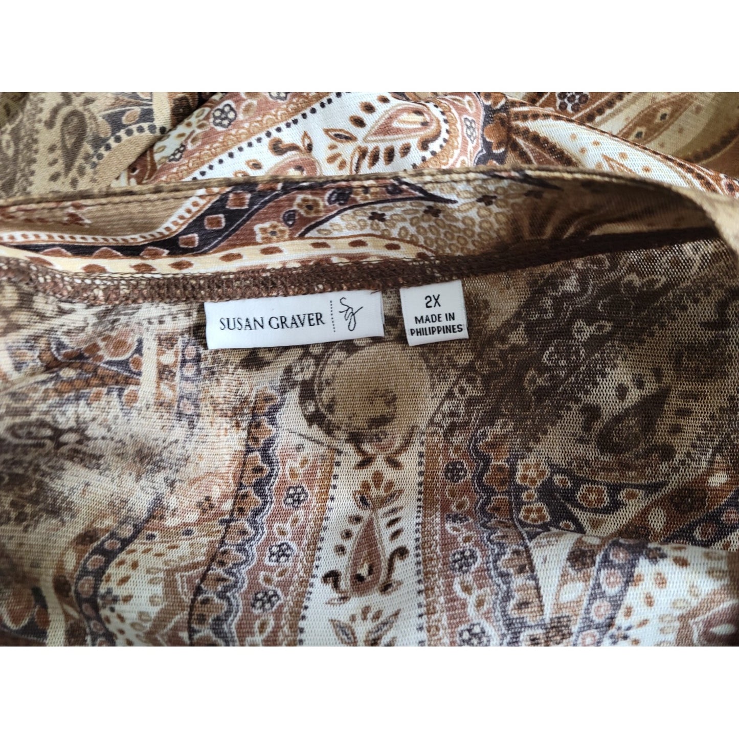 Susan Graver Womens Shirt 2X Plus Overlay Sheer Button Up Brown Paisley Career