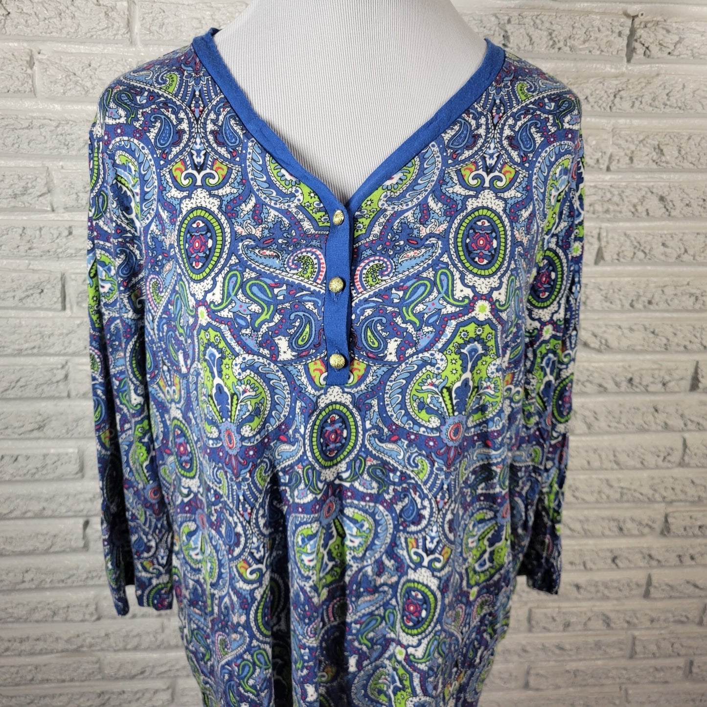 Talbots Womens Top 2X Plus 3/4 Sleeve Blue Green Paisley Comfy Quarter Button