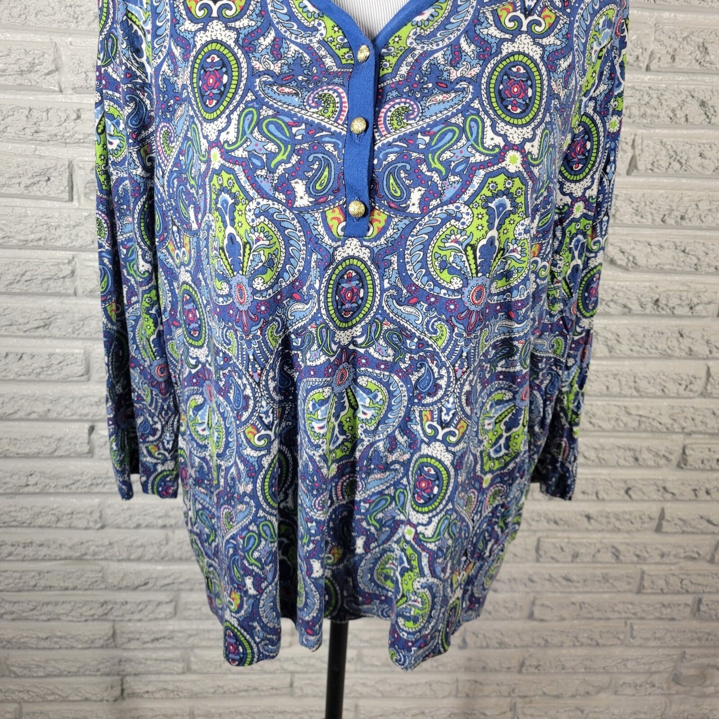 Talbots Womens Top 2X Plus 3/4 Sleeve Blue Green Paisley Comfy Quarter Button