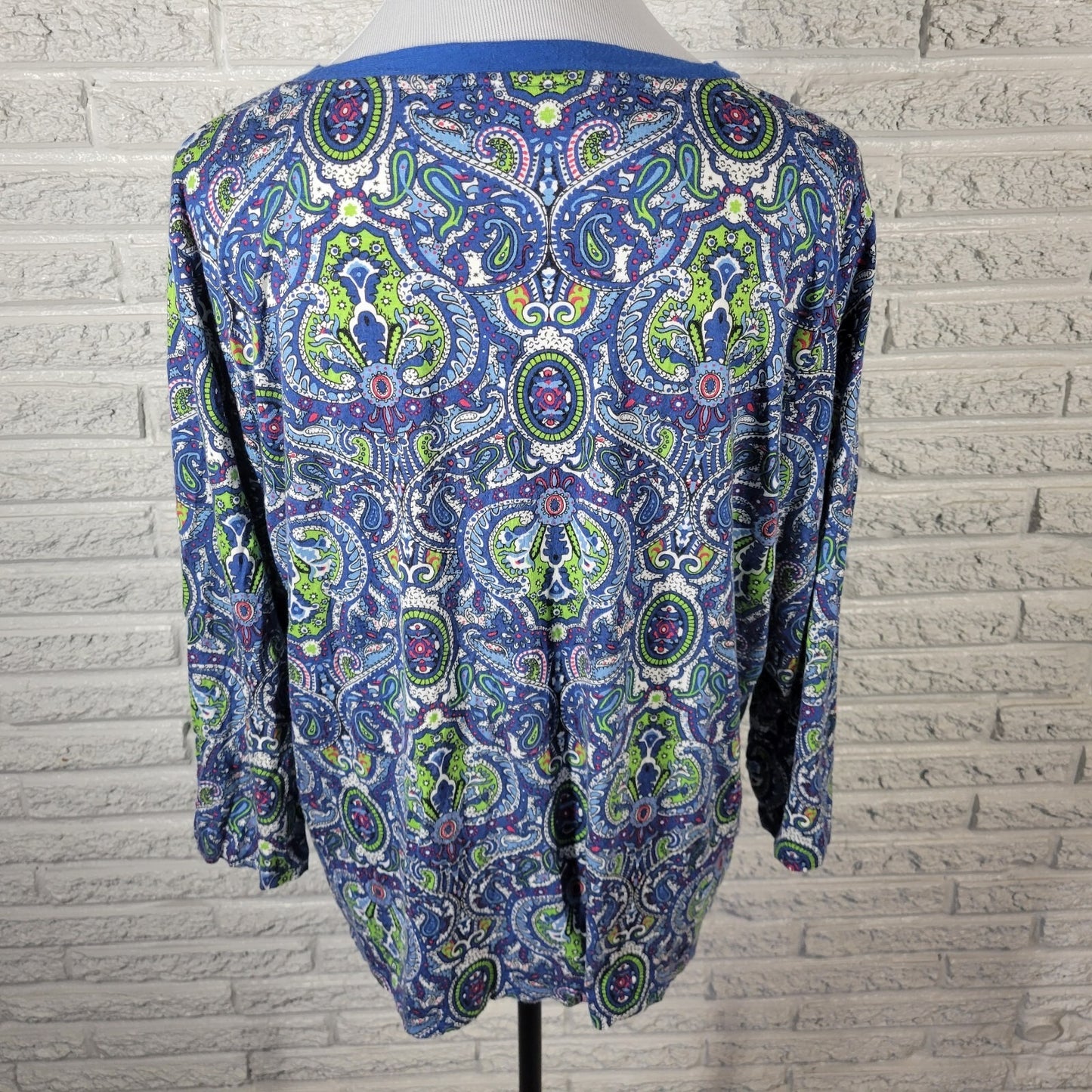 Talbots Womens Top 2X Plus 3/4 Sleeve Blue Green Paisley Comfy Quarter Button