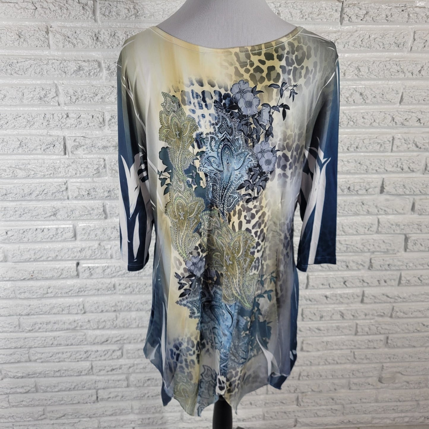 Patchington Womens Top XL 3/4 Sleeve Blue Paisley Laser Cut Hanky Hem Chiffon