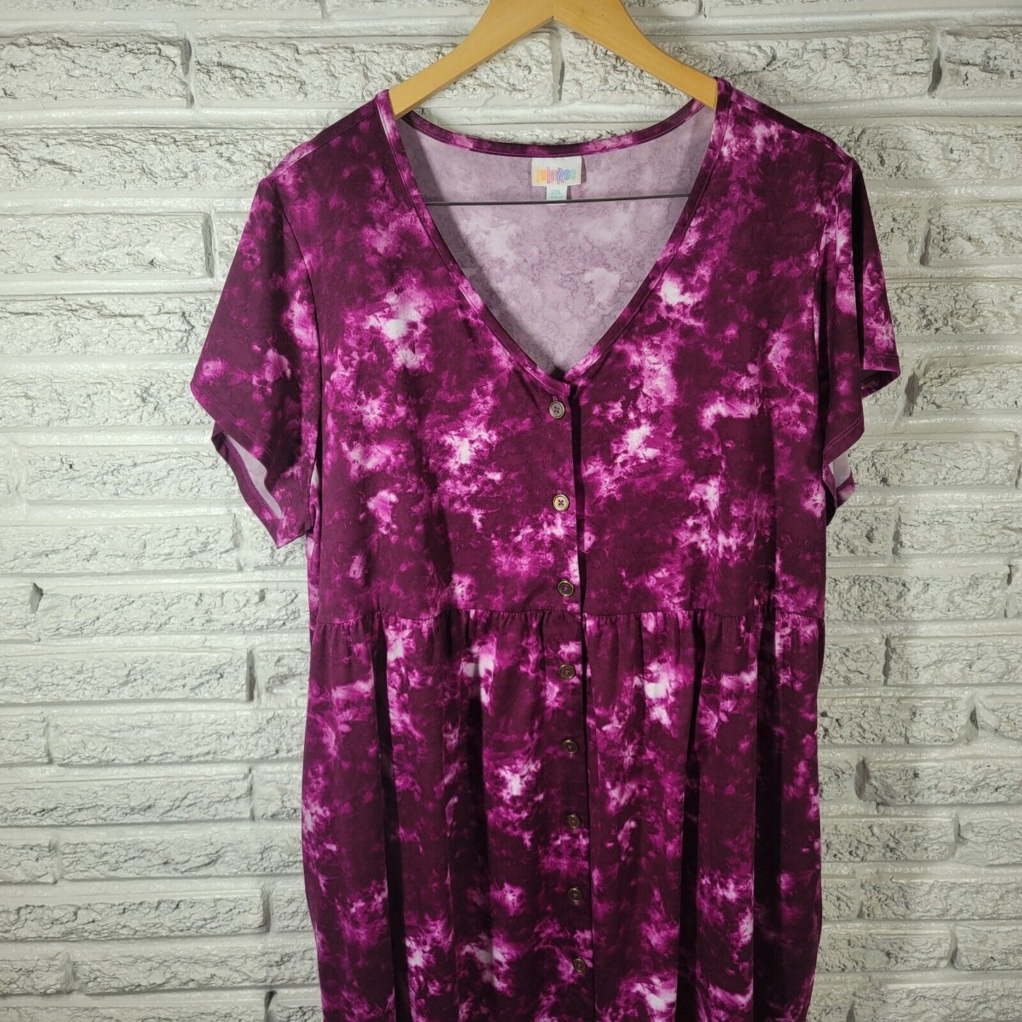 Lularoe Women Dress 2XL Plus Mini Short Sleeve Purple Tie Dye Pockets Poly Blend