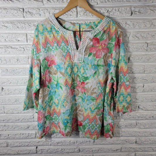 Alfred Dunner Womens Top 22W Plus Swiss Dot Pink Ric Rac Cut Outs Semi Sheer