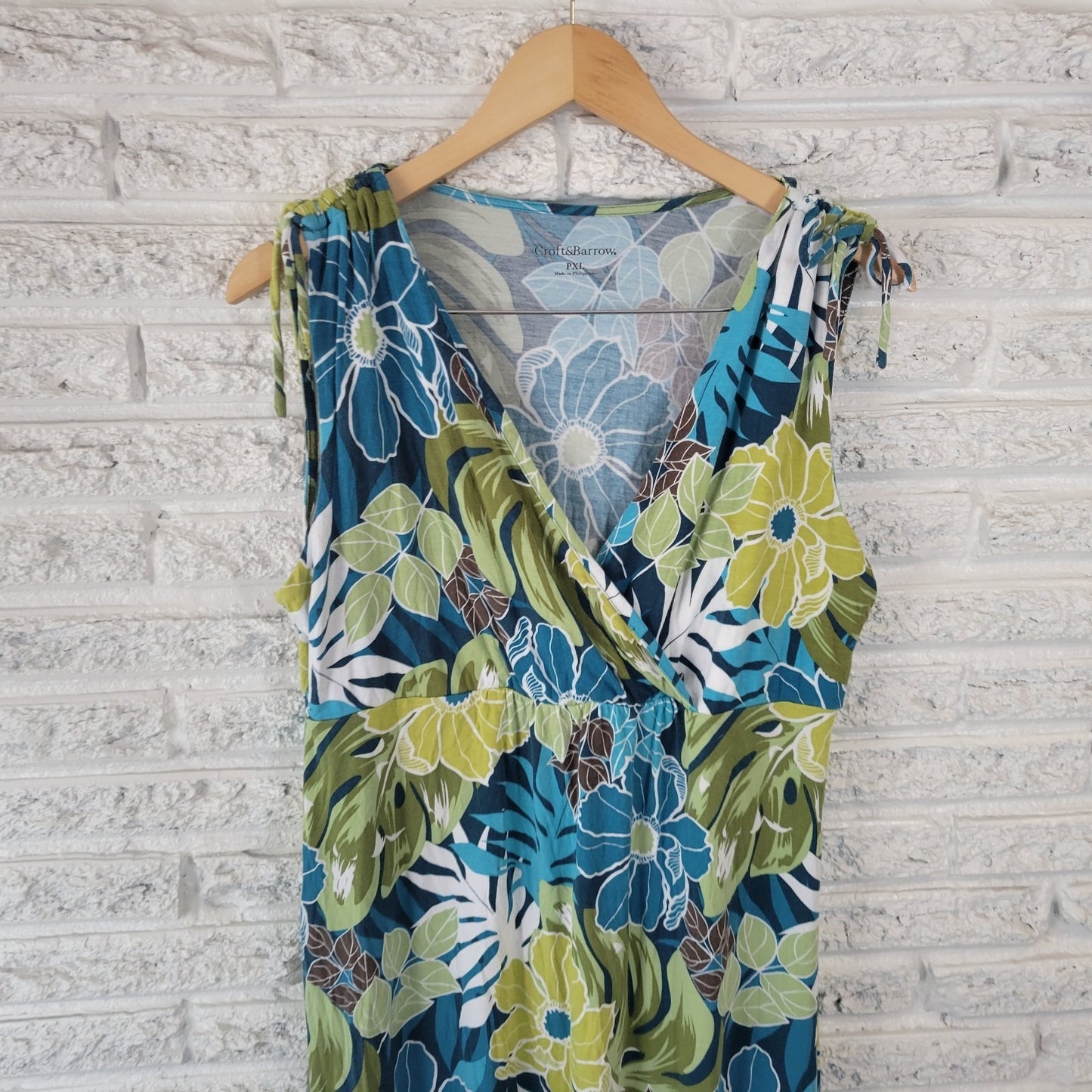 Croft Barrow Womens Dress PXL Mini Sheath Sleeveless Blue Green Floral Ties