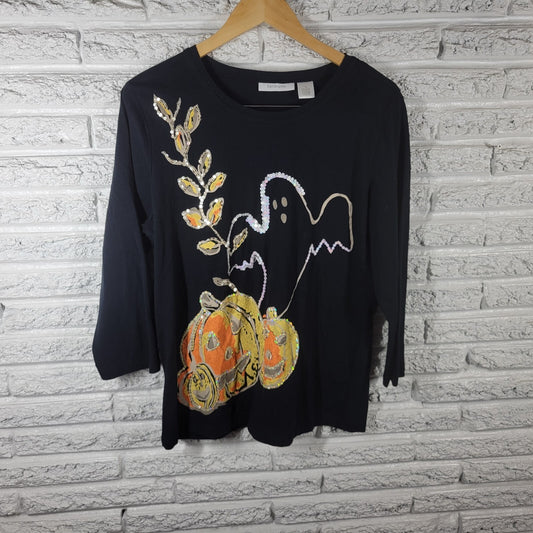 Halloween Tantrums Women Top XL Tee 3/4 Sleeve Black Jackolantern Cotton Sequins