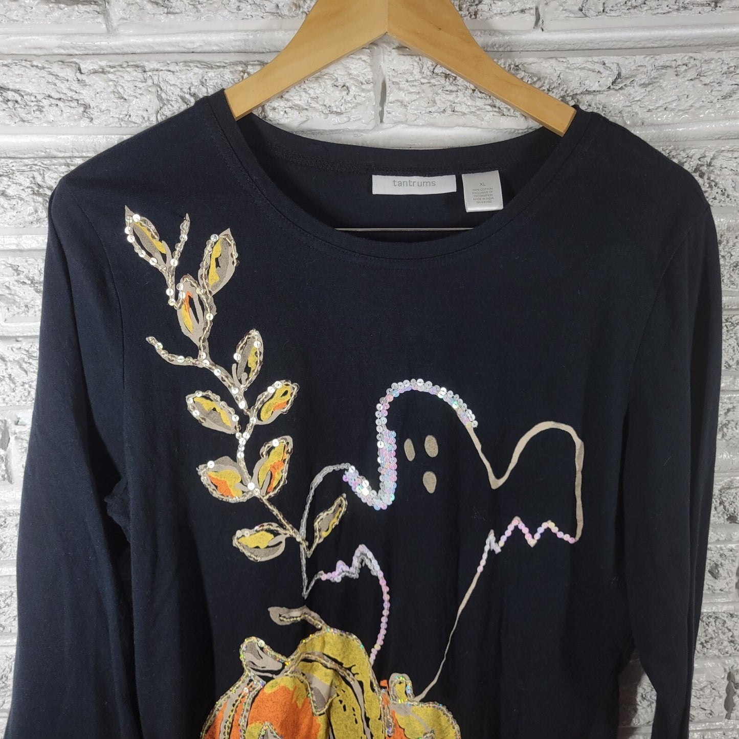 Halloween Tantrums Women Top XL Tee 3/4 Sleeve Black Jackolantern Cotton Sequins