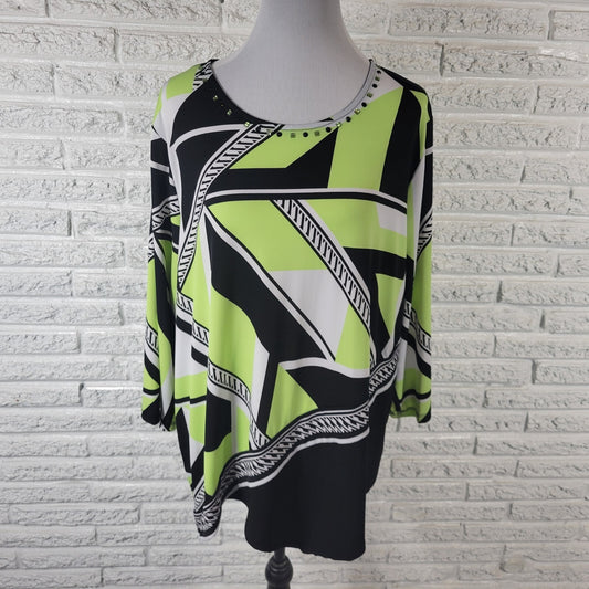 Alfred Dunner Womens Top 2X Plus Long Sleeve Green Geometric Beaded Poly Blend