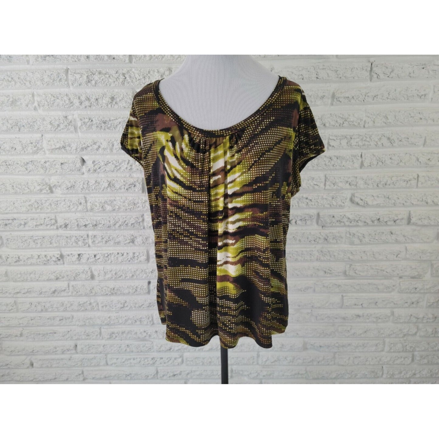 Worthington Women Top 1X Plus Cap Short Sleeve Pullover Brown Geometric Office