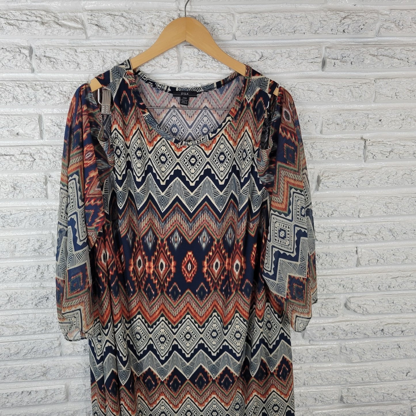 R&K Womens Dress 24W Plus 3/4 Sheer Chiffon Sleeve Blue Geometric Cold Shoulder