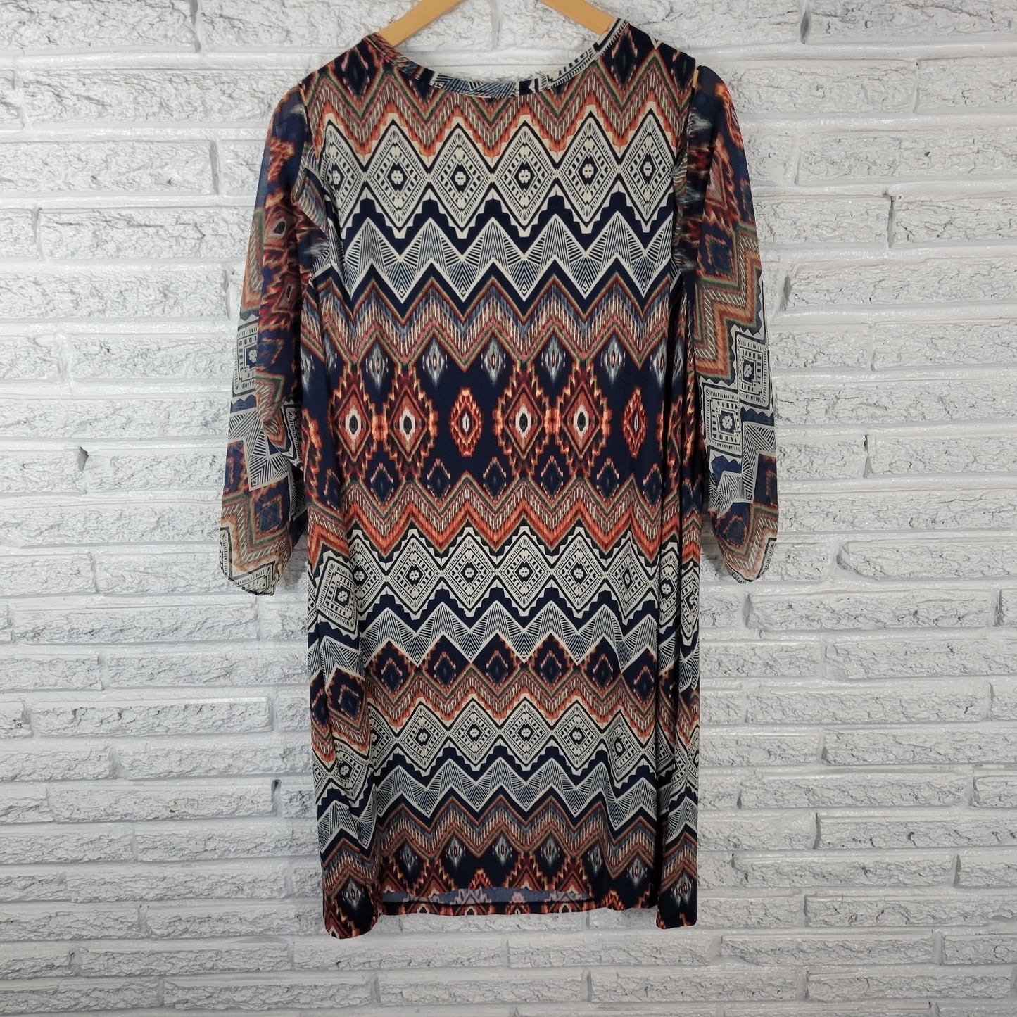 R&K Womens Dress 24W Plus 3/4 Sheer Chiffon Sleeve Blue Geometric Cold Shoulder