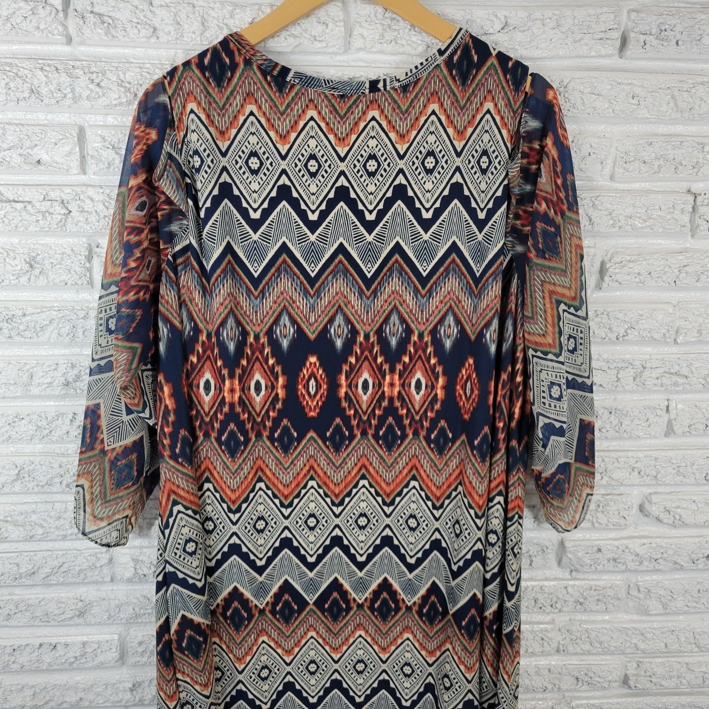 R&K Womens Dress 24W Plus 3/4 Sheer Chiffon Sleeve Blue Geometric Cold Shoulder