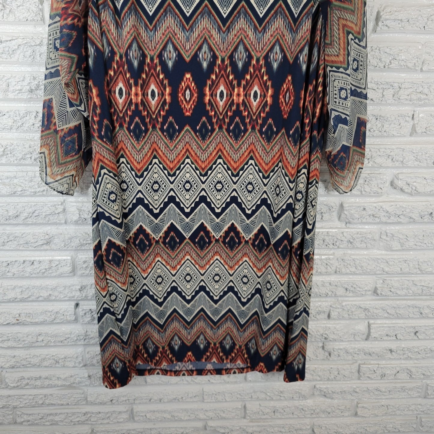 R&K Womens Dress 24W Plus 3/4 Sheer Chiffon Sleeve Blue Geometric Cold Shoulder