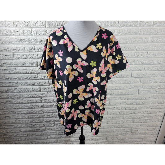 SB Scrubs Unisex Top 2X Short Sleeve Butterflies Pockets Black Floral Cotton