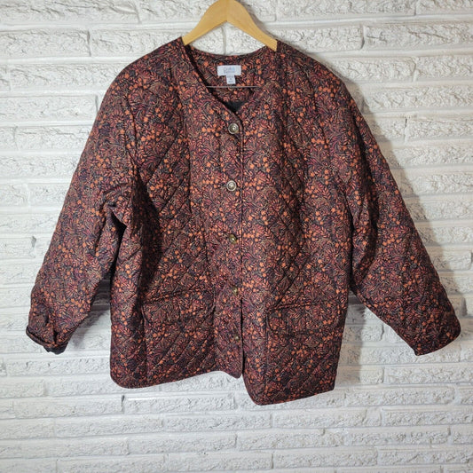 Croft Barrow Womens Jacket 3X Plus Quilted Orange Black Floral Pockets Lined