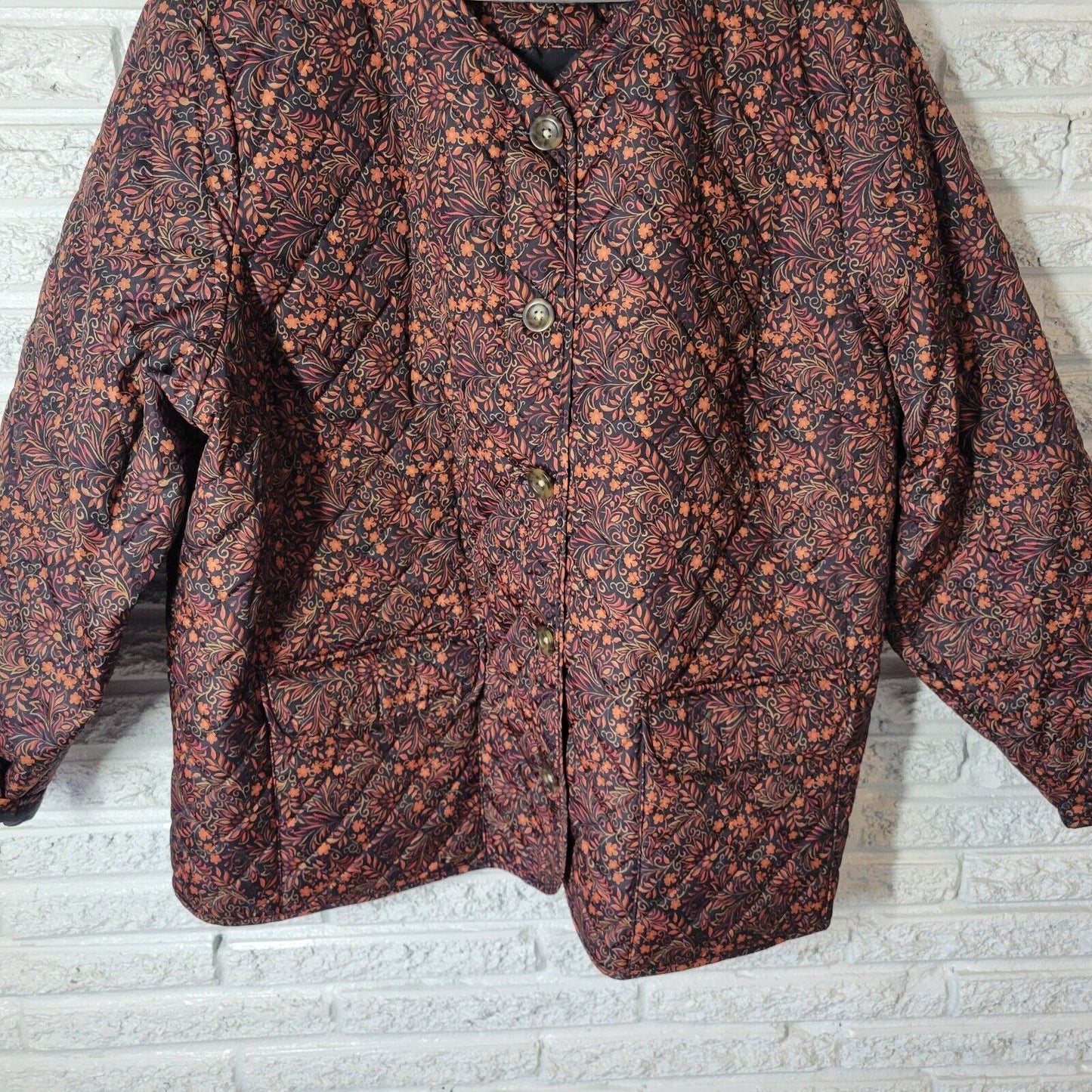 Croft Barrow Womens Jacket 3X Plus Quilted Orange Black Floral Pockets Lined
