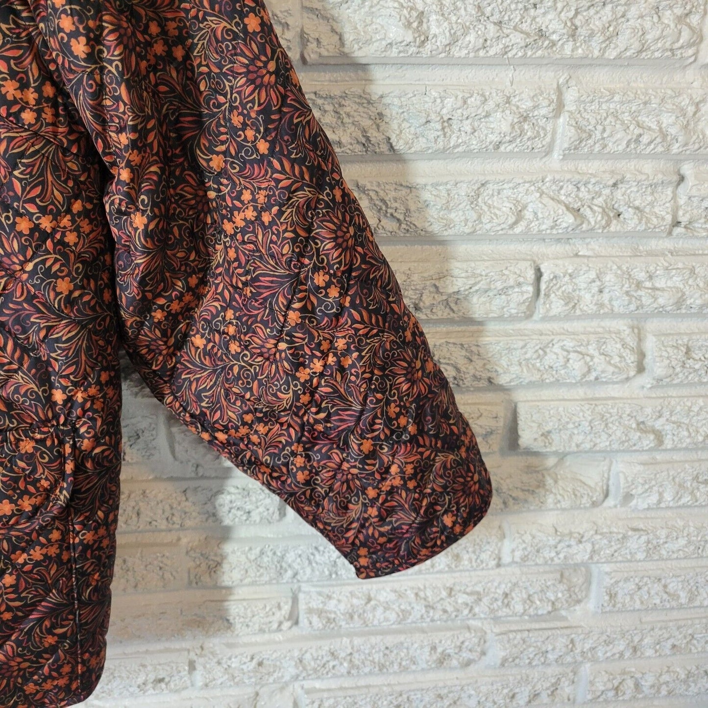 Croft Barrow Womens Jacket 3X Plus Quilted Orange Black Floral Pockets Lined