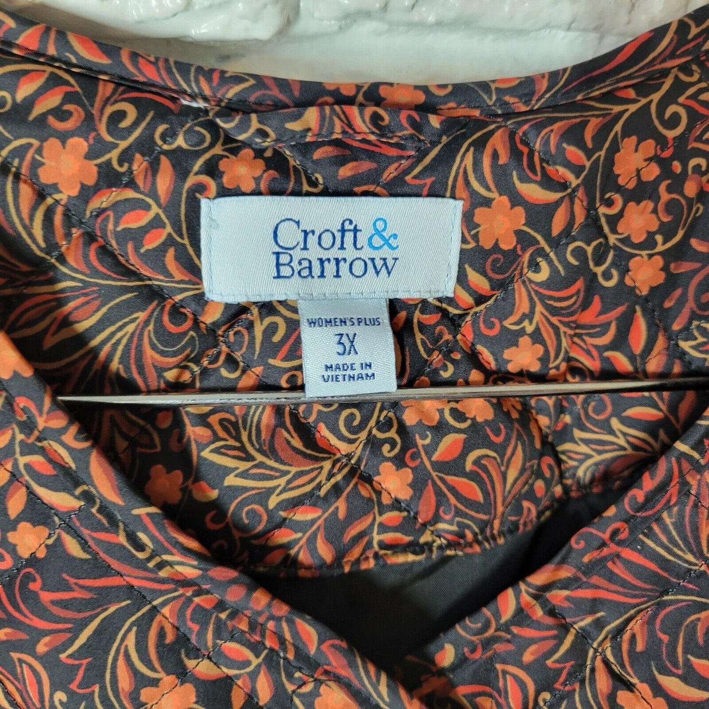 Croft Barrow Womens Jacket 3X Plus Quilted Orange Black Floral Pockets Lined
