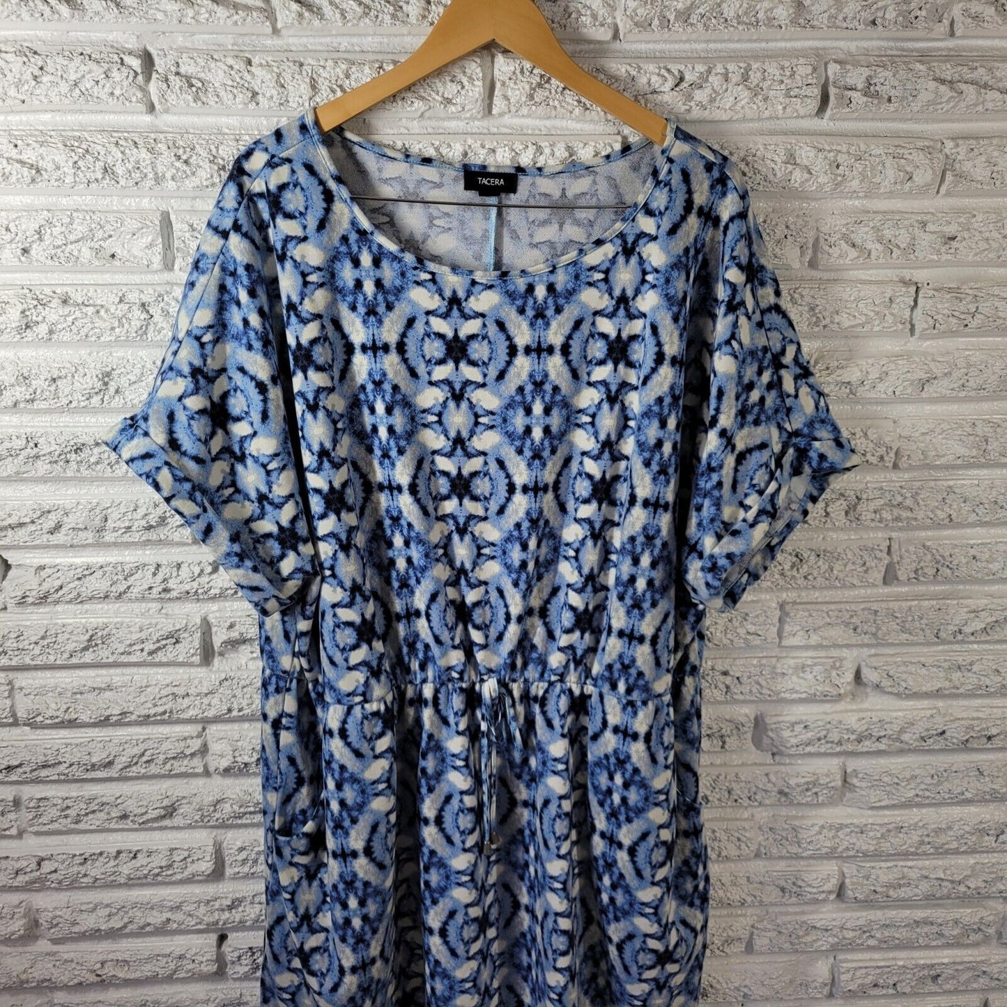 Tacera Women Dress 2X Blue Watercolor Drawstring Pockets Poly Blend Casual Comfy