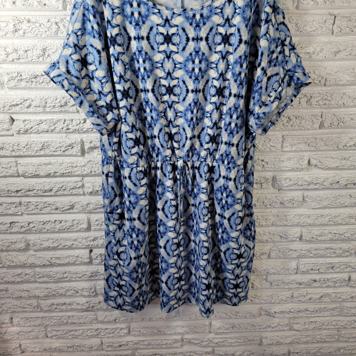Tacera Women Dress 2X Blue Watercolor Drawstring Pockets Poly Blend Casual Comfy