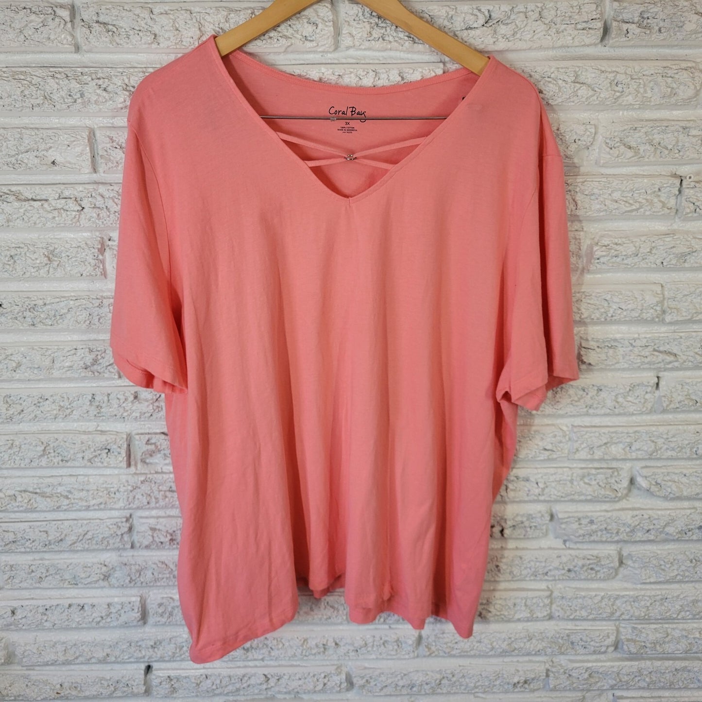 Coral Bay Womens Top 3X Plus Tee Short Sleeve Pink Lightweight Lattice Neck