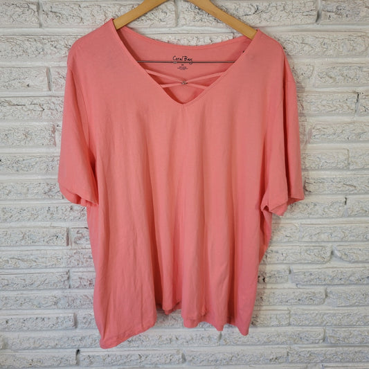 Coral Bay Womens Top 3X Plus Tee Short Sleeve Pink  Lightweight Lattice Neck