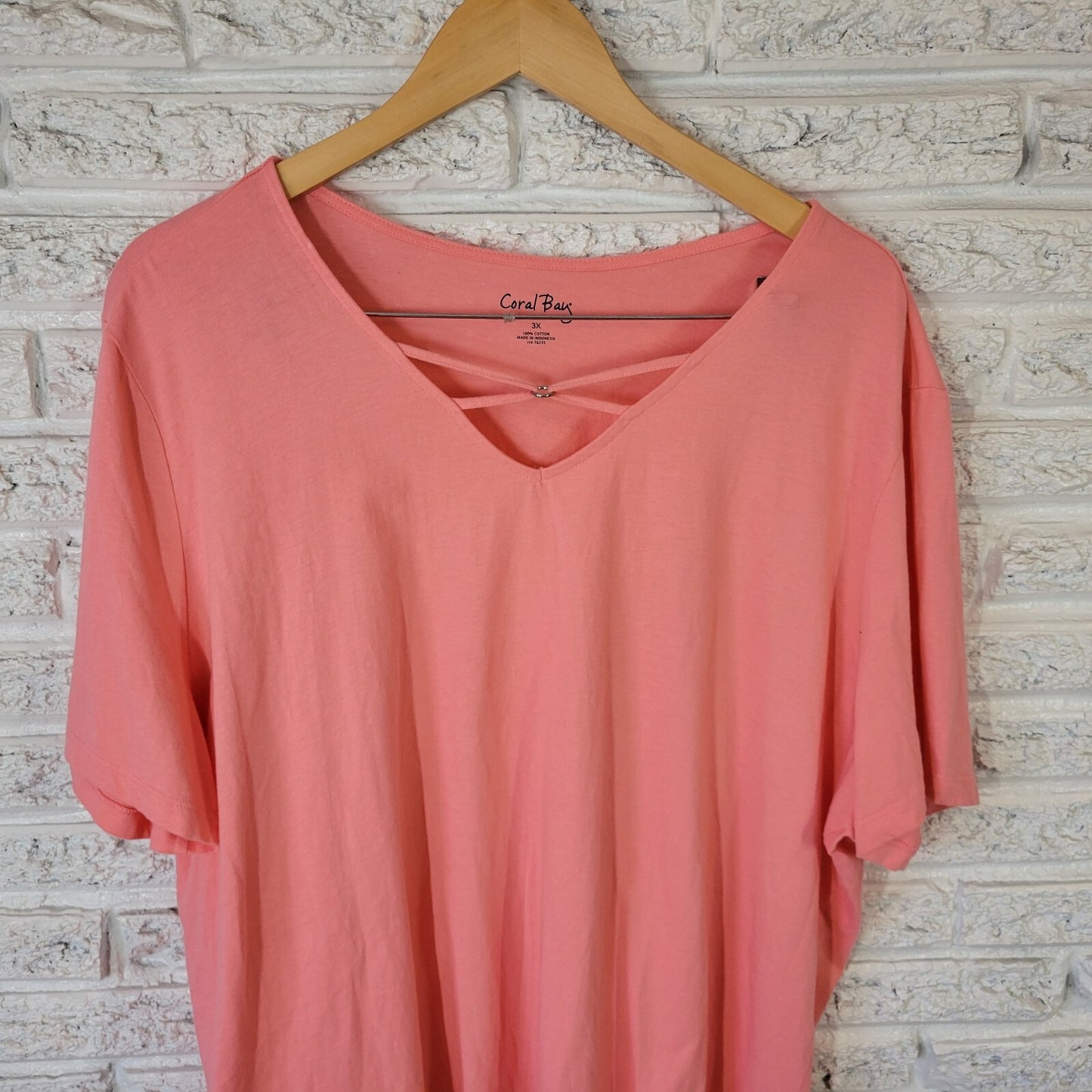Coral Bay Womens Top 3X Plus Tee Short Sleeve Pink Lightweight Lattice Neck
