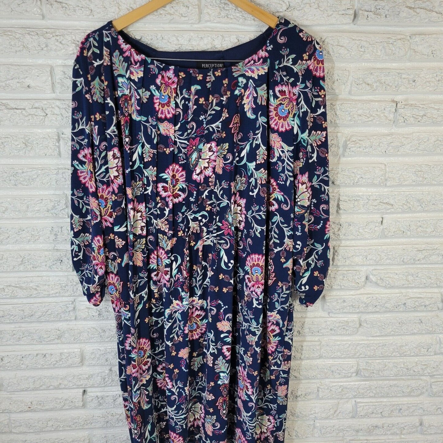 Perceptions Womens Dress 3X Ruched Sleeve Blue Pink Floral Poly Blend Pintucked