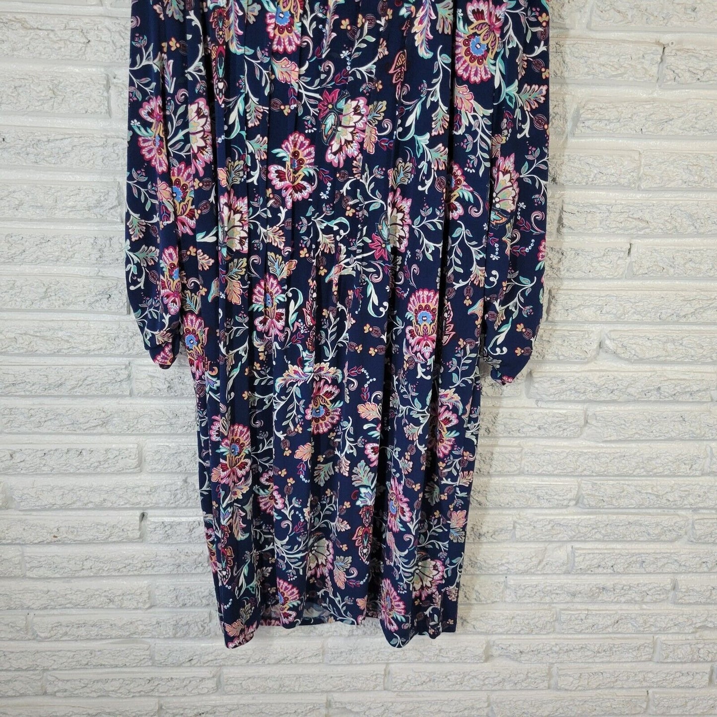 Perceptions Womens Dress 3X Ruched Sleeve Blue Pink Floral Poly Blend Pintucked